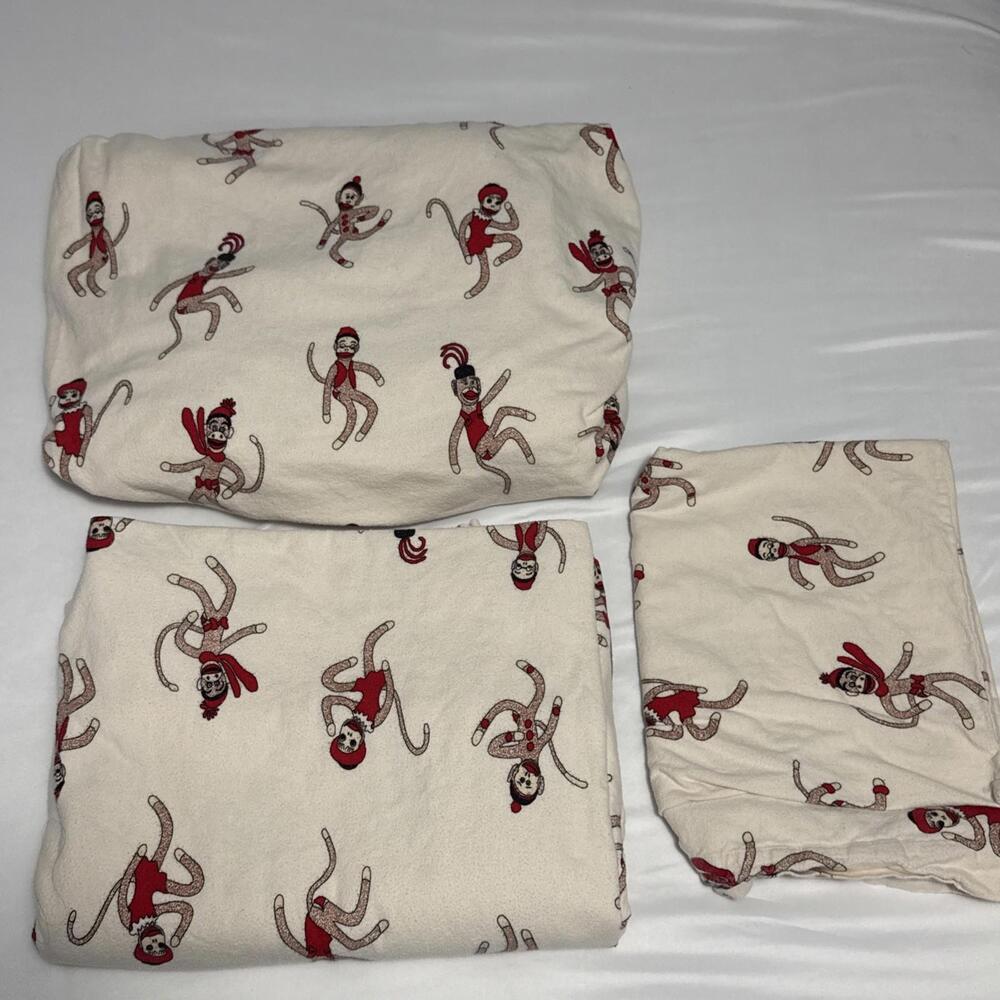 The Vermont Country Store Sock Monkey Twin Size Flannel Sheets & Pillow Case VTG